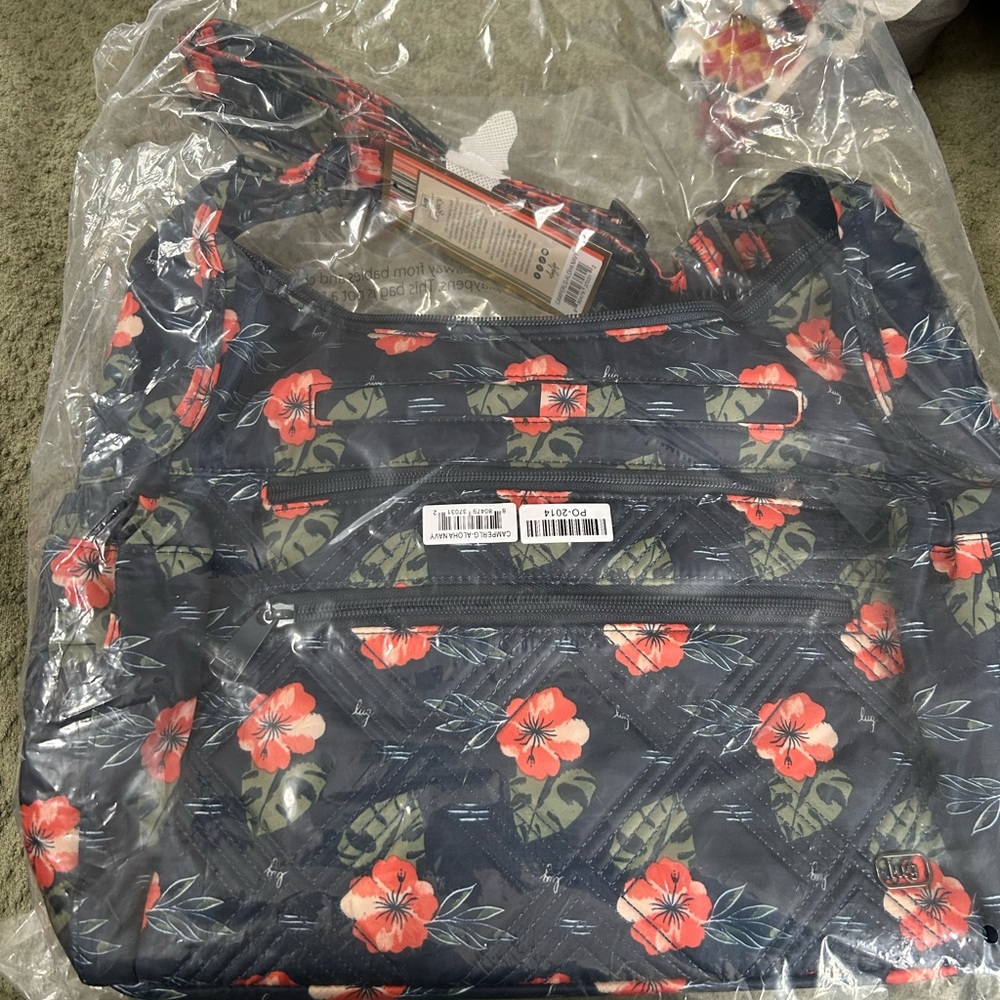 lug Navy Quilted Shoulder Bag with Coral Floral Print - Picture 2 of 4